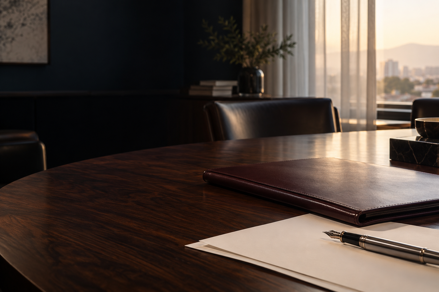 Documentos y pluma en una mesa de trabajo jurídico